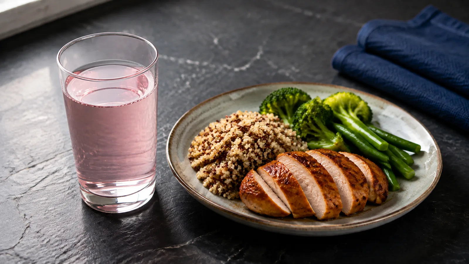 AI-generated editorial scene of a clear pink drink beside chicken, quinoa and vegetables
