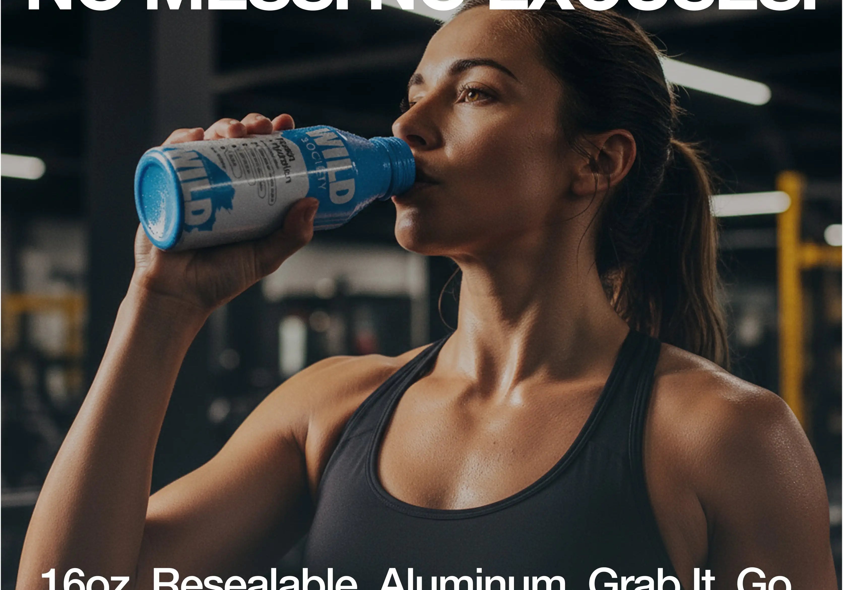 Woman drinking a Blue Razz Protein + Hydration bottle