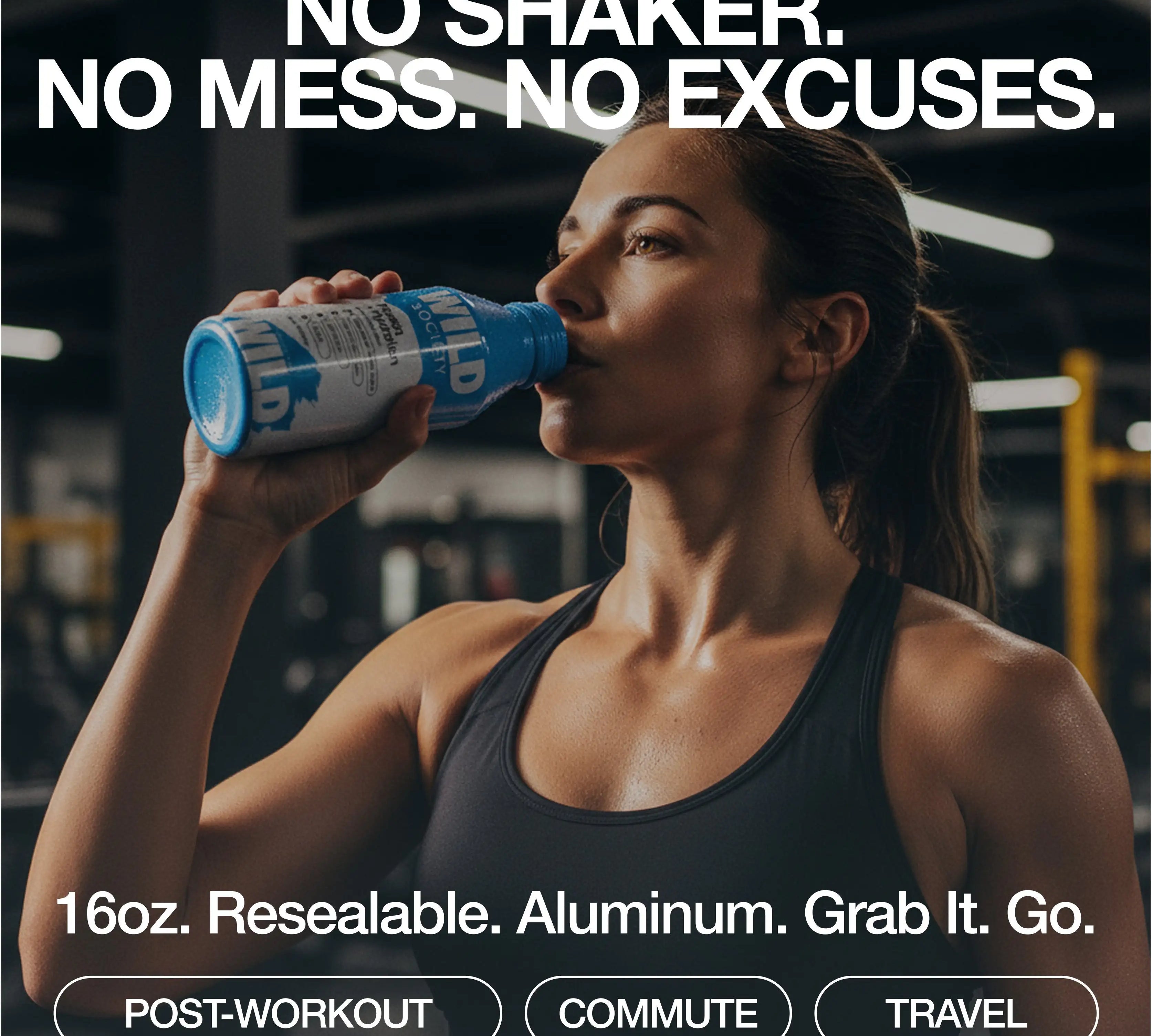 Woman drinking a Blue Razz Protein + Hydration bottle