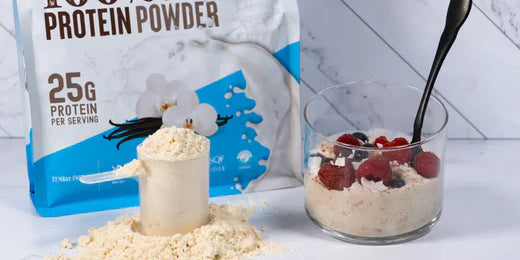 Overnight oats recipe made with Wild Society vanilla grass-fed whey protein powder