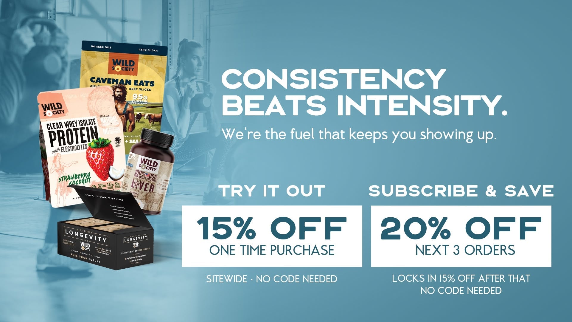 Consistency Beats Intensity - New Your Promo - Wild Society Products on blue background