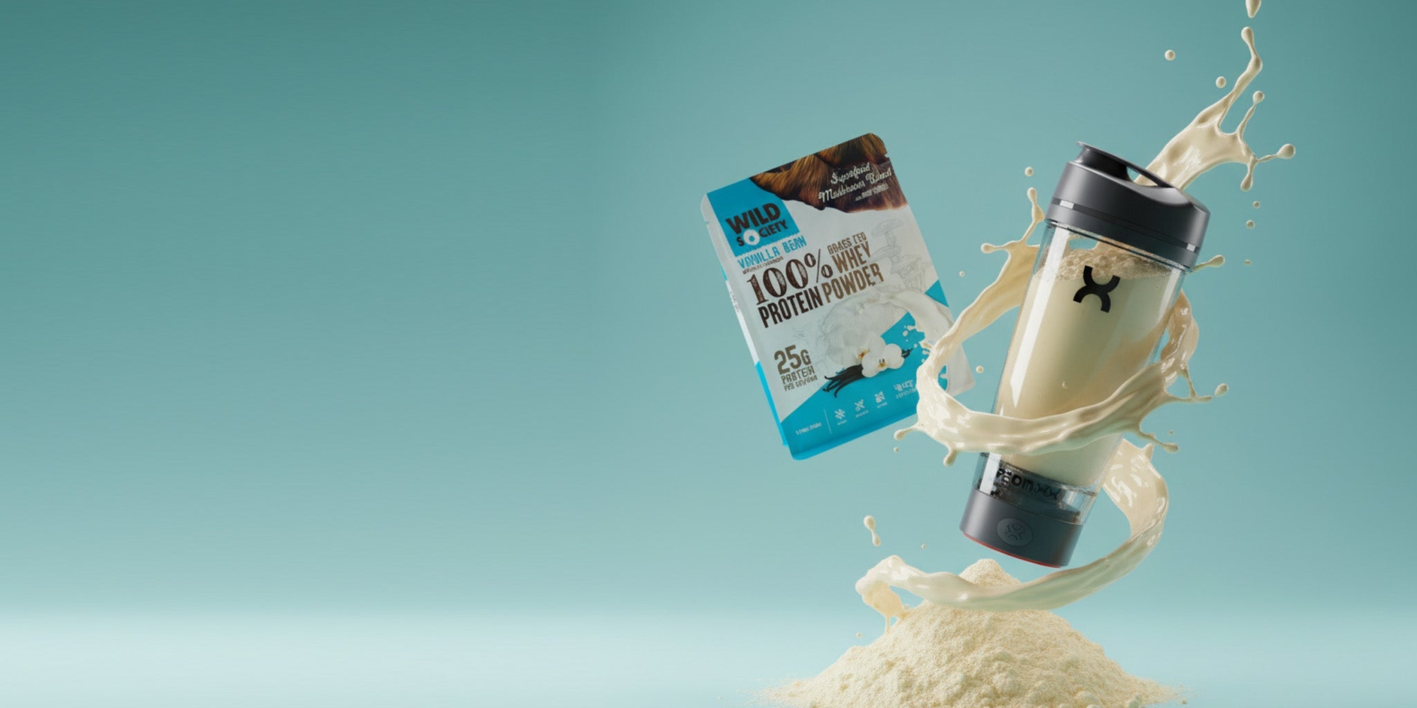 Vanilla Whey Bag and Blender Bottle On Blue Background