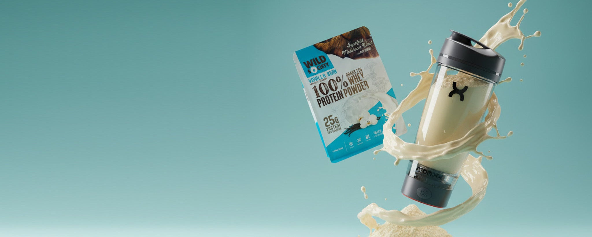 Vanilla Whey Bag and Blender Bottle On Blue Background