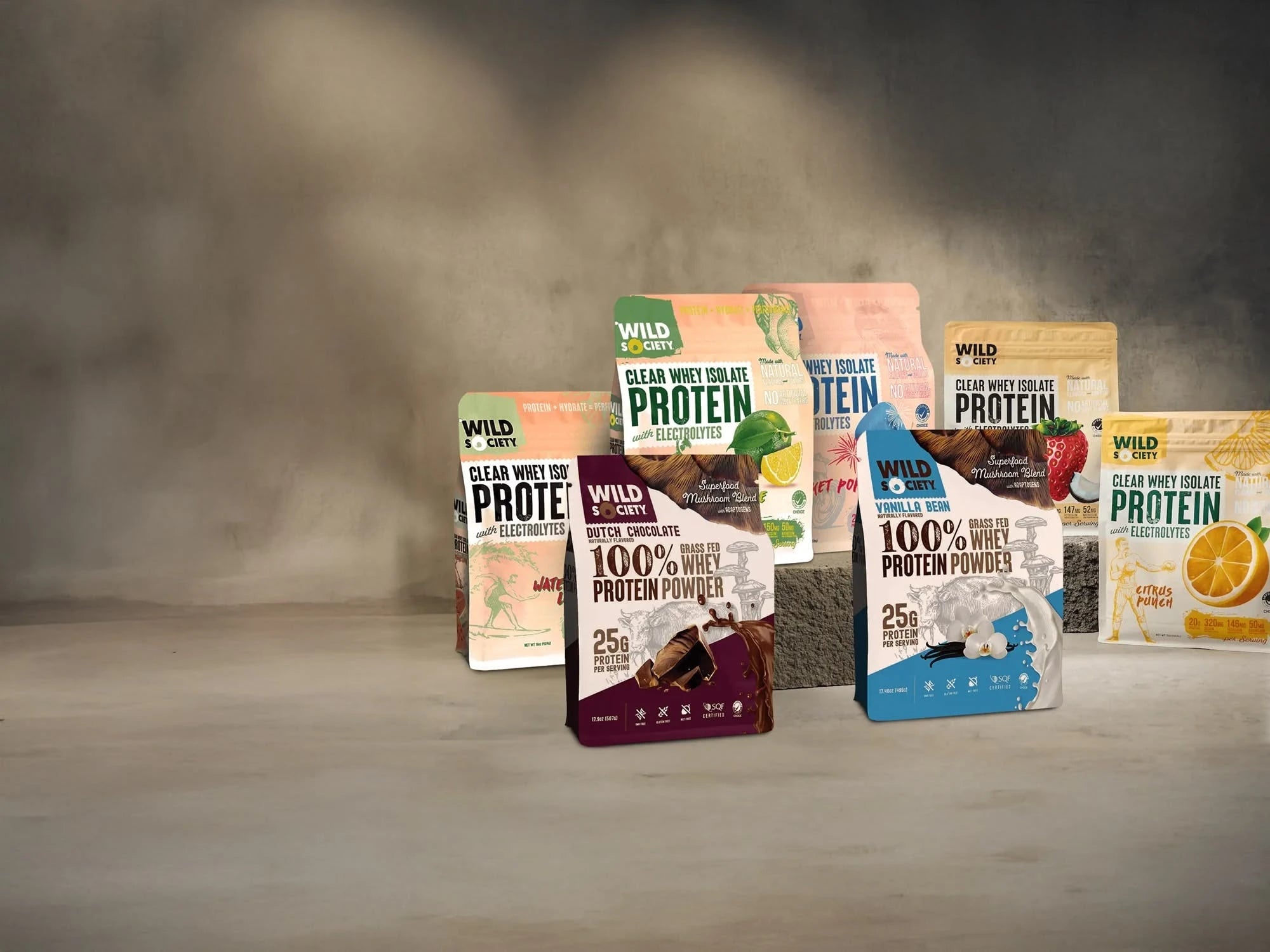 protein powder packages on grey background