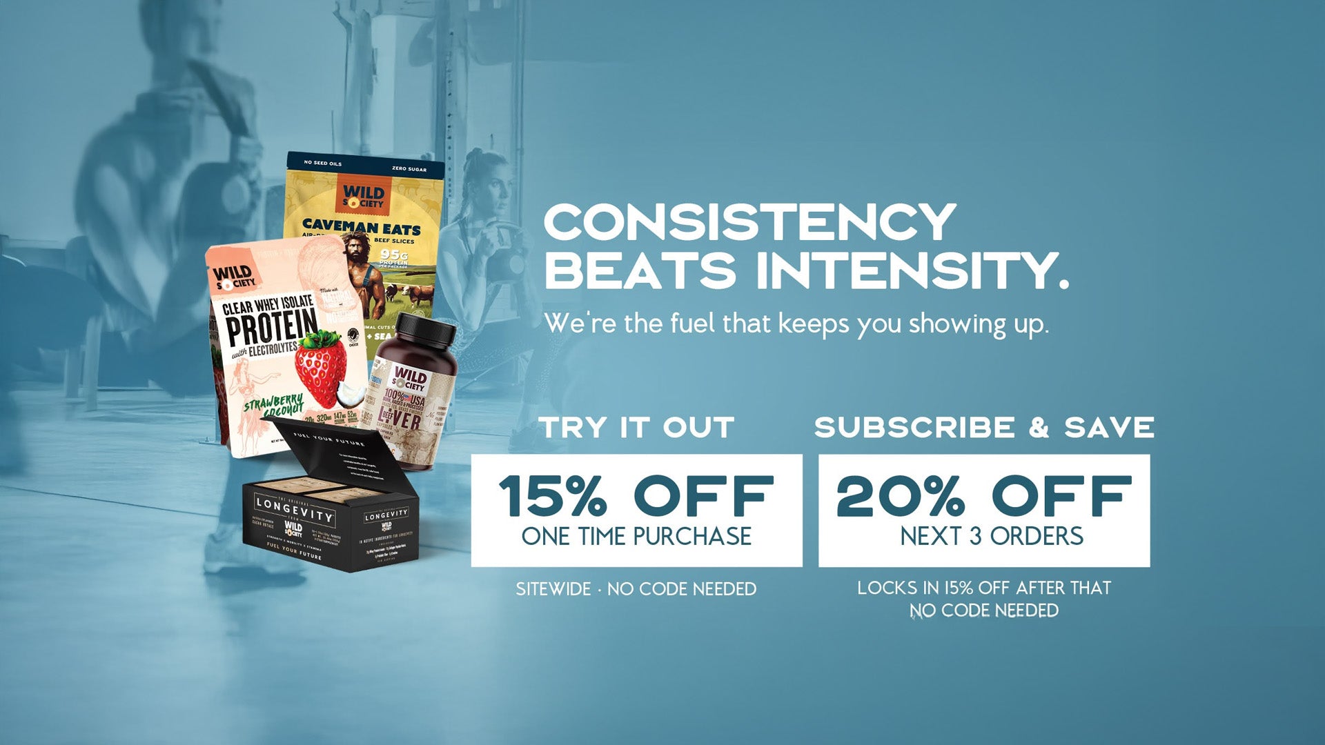 Advertisement for protein products with promotional text on a blue background