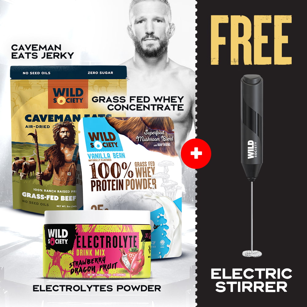 Promotional graphic of Wild Society products including jerky, whey protein powder, and electrolytes with a free electric stirrer offer.