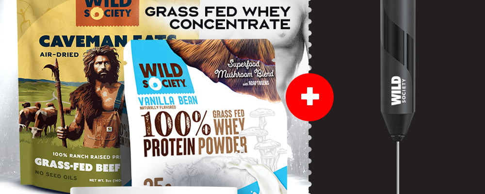Promotional graphic of Wild Society products including jerky, whey protein powder, and electrolytes with a free electric stirrer offer.