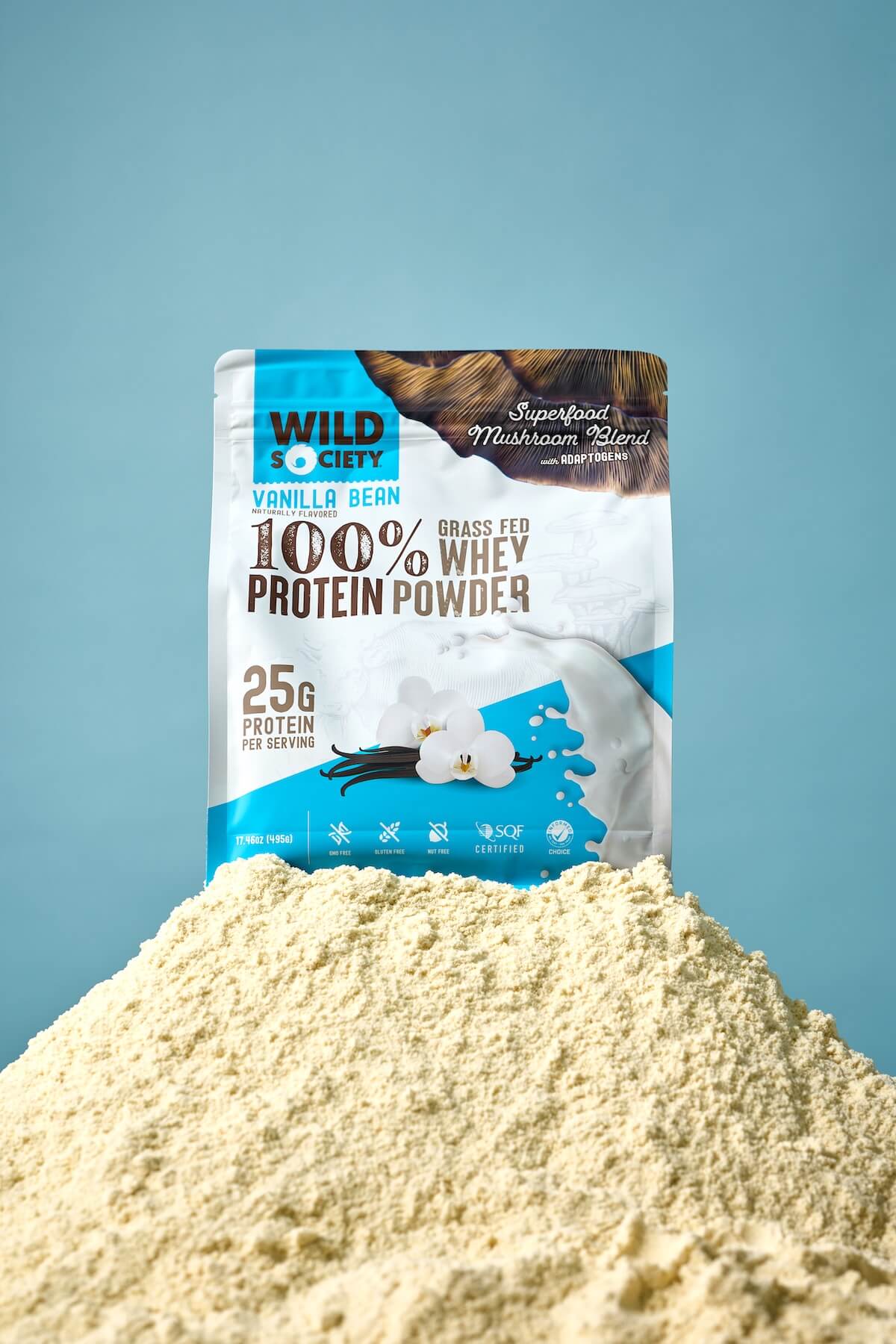 protein powder package on pile of white powder with blue background