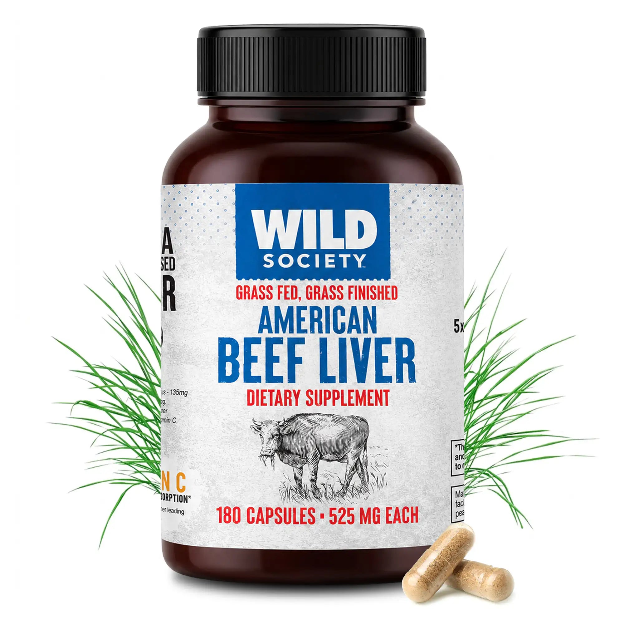 A bottle of Wild Society American Beef Liver dietary supplement with a black cap and white label, flanked by green grass illustrations and two capsules at the bottom on a white background.