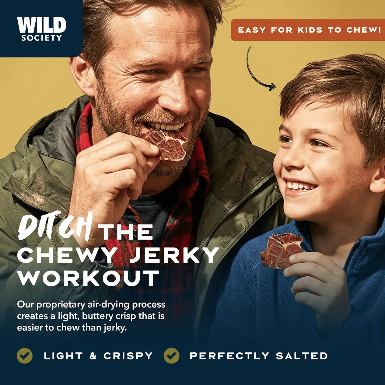 Man and child eating chewy jerky with promotional text about the product on a yellow and blue background.