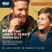 Man and child eating chewy jerky with promotional text about the product on a yellow and blue background.