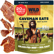 Wild Society Caveman Eats beef slices packaging with air-dried beef slices on the side.