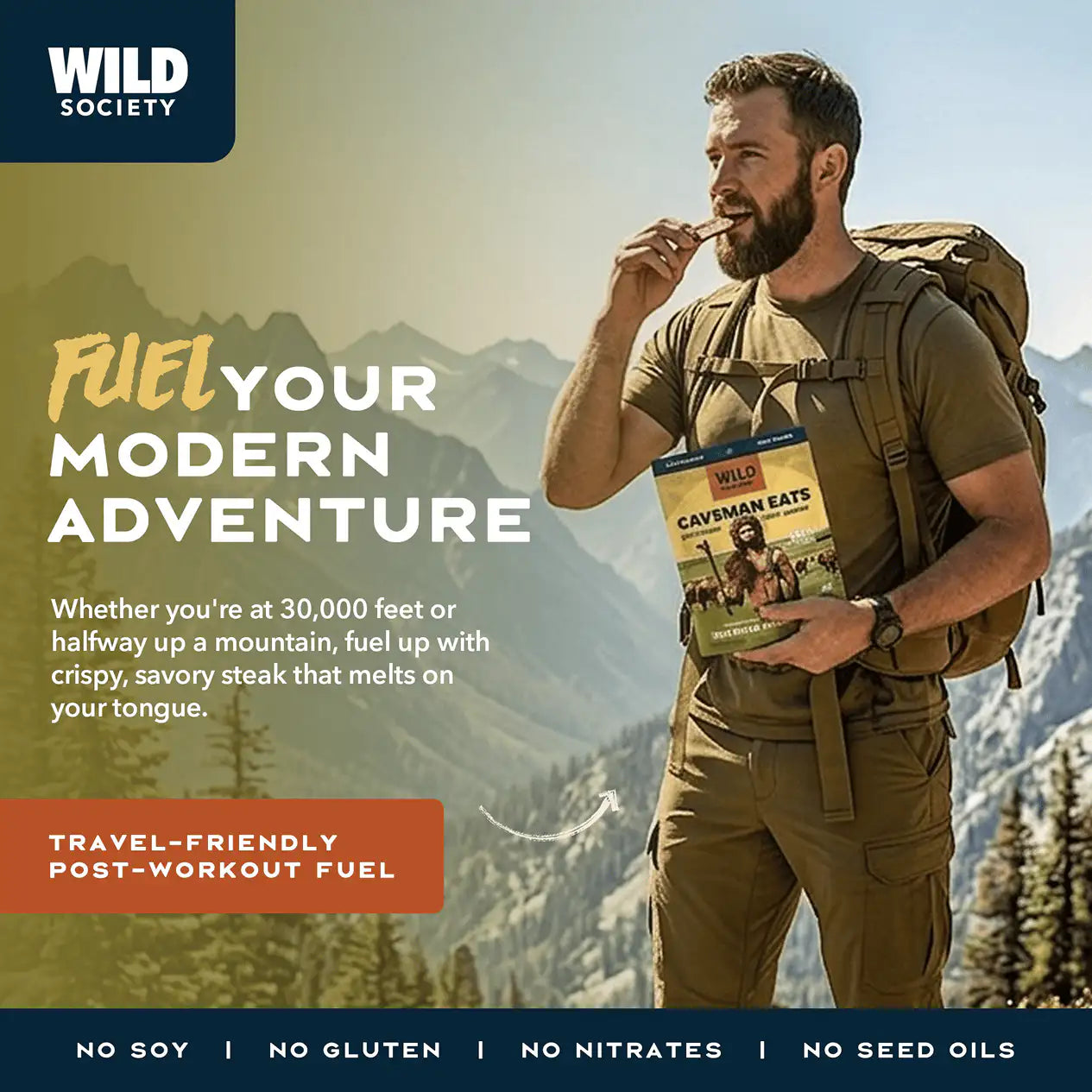 Man with backpack holding a book in front of mountainous landscape, promoting Wild Society products.