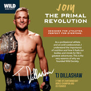 TJ Dillashaw with championship belts and text about Wild Society on a green background