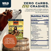 Wild Society Caveman Eats beef slices packaging with nutritional information and cow in the background