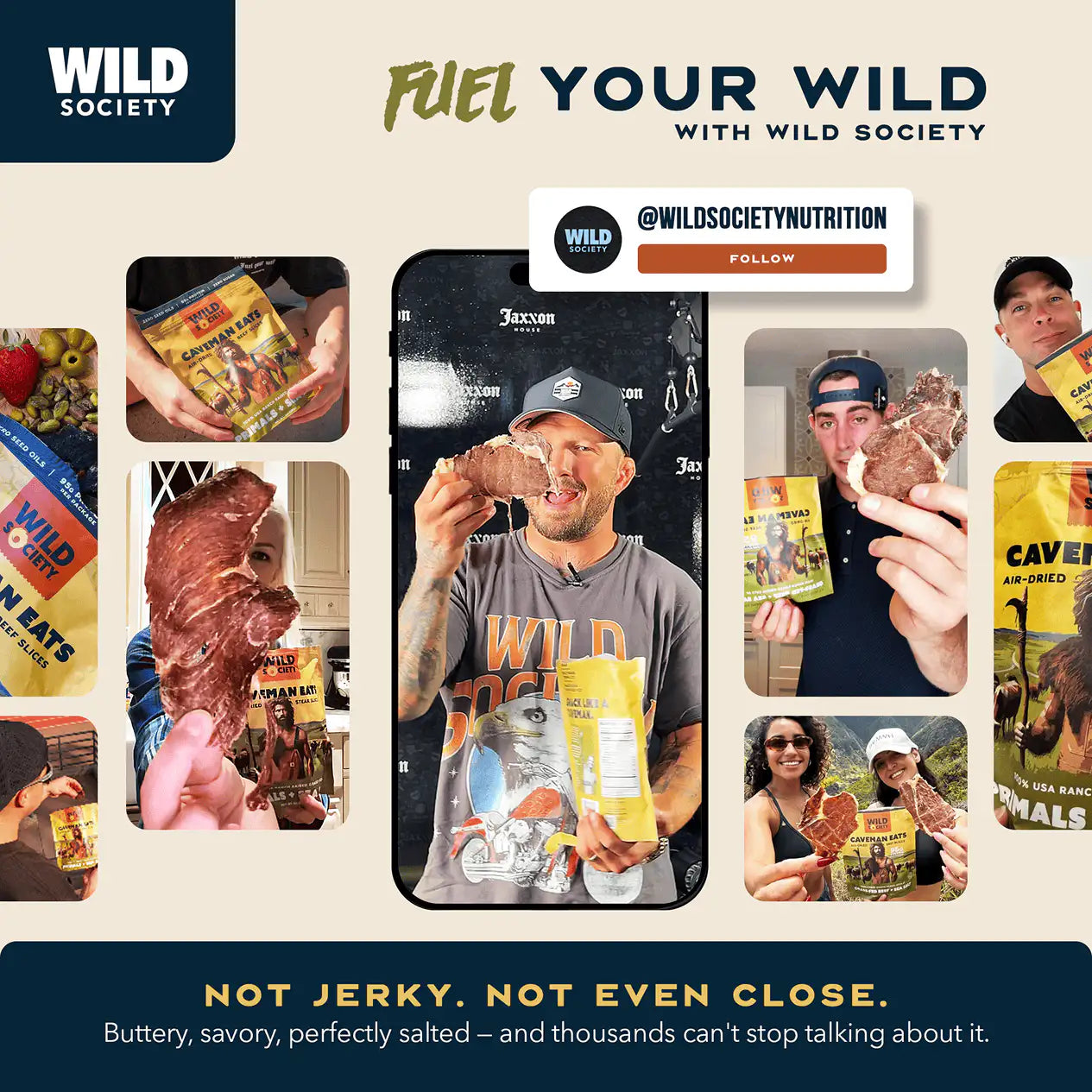 Promotional graphic for Wild Society food products with people holding and using the products.