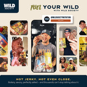 Promotional graphic for Wild Society food products with people holding and using the products.