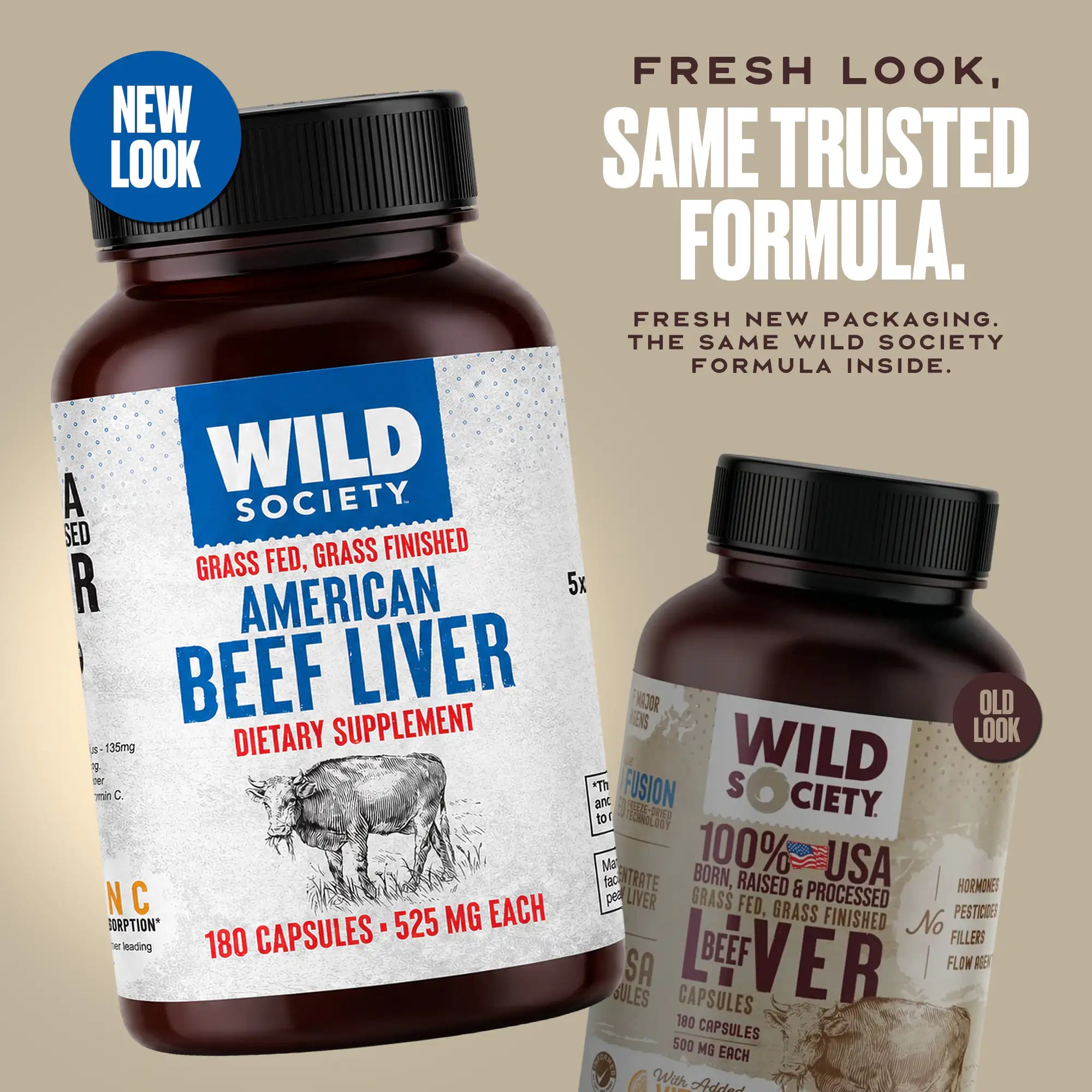 Two amber supplement bottles labeled Wild Society American Beef Liver, with one larger bottle in front and a smaller bottle behind it. The larger bottle has a blue and white label, and the smaller bottle has a brown and beige label.