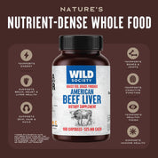 A bottle of Nature's Wild Society American Beef Liver dietary supplement centered on a dark brown background with supporting text and icons about health benefits.