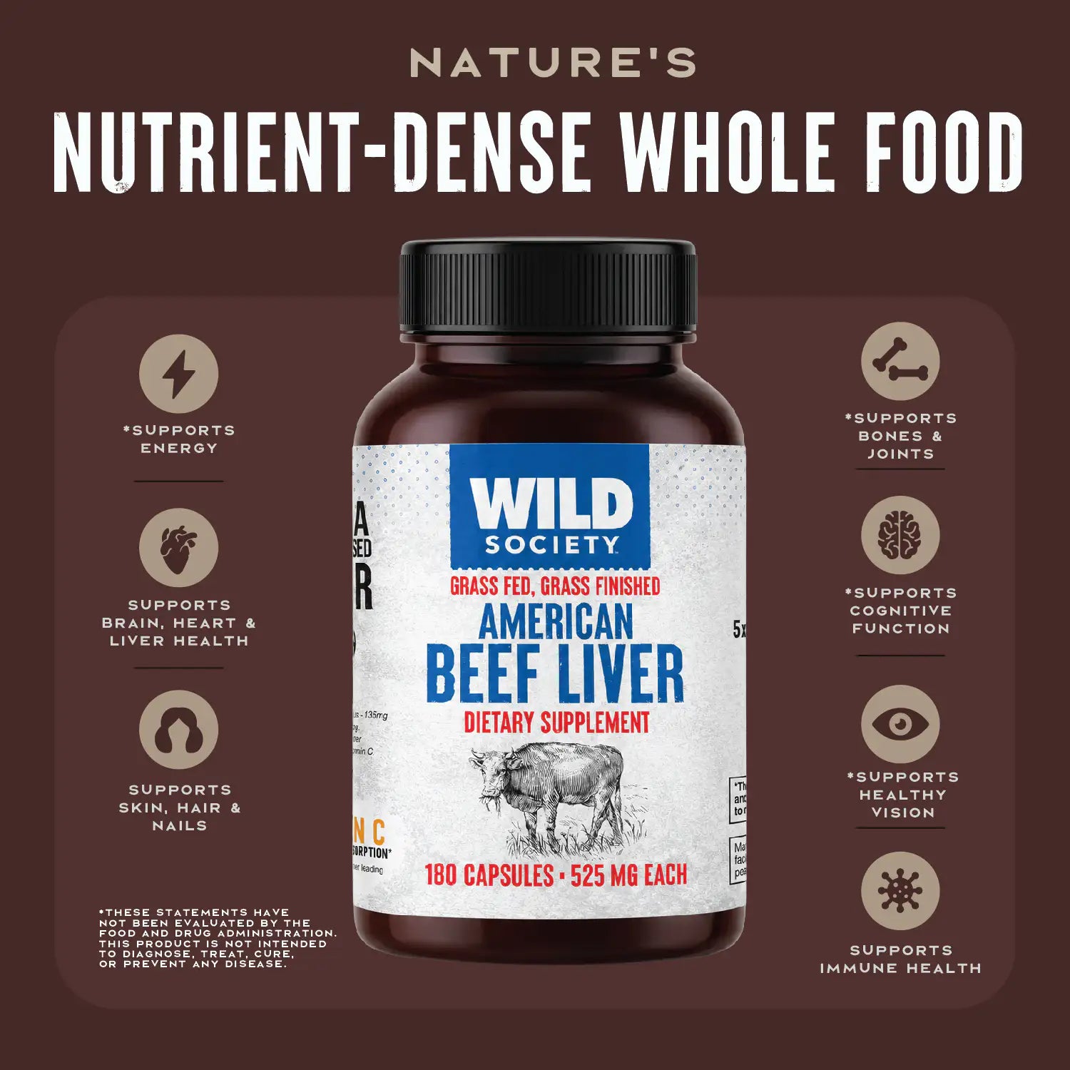 A bottle of Nature's Wild Society American Beef Liver dietary supplement centered on a dark brown background with supporting text and icons about health benefits.