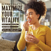 Woman in yellow shirt holding a glass with text about maximizing vitality
