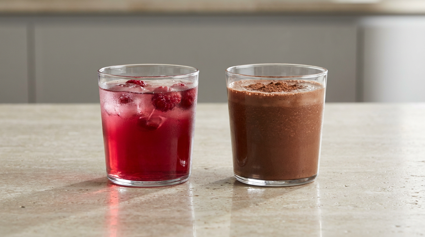 Clear fruit-flavored whey protein drink in a glass next to a creamy chocolate whey protein shake
