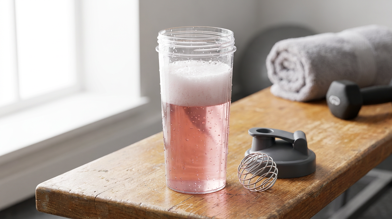 Clear whey protein drink in a shaker bottle with a foam layer settling on top