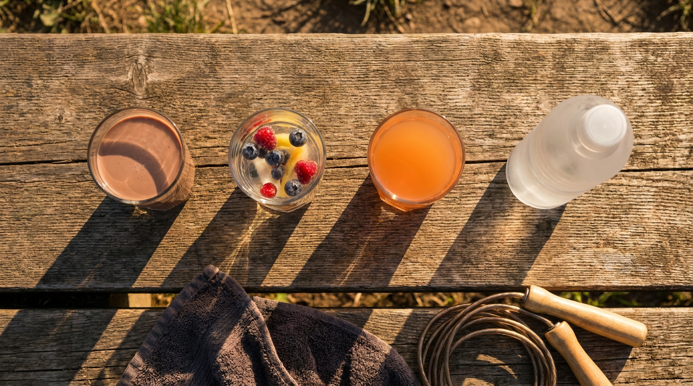 Post-workout drink options lined up on a bench: chocolate milk, clear protein drink, sports drink, and water