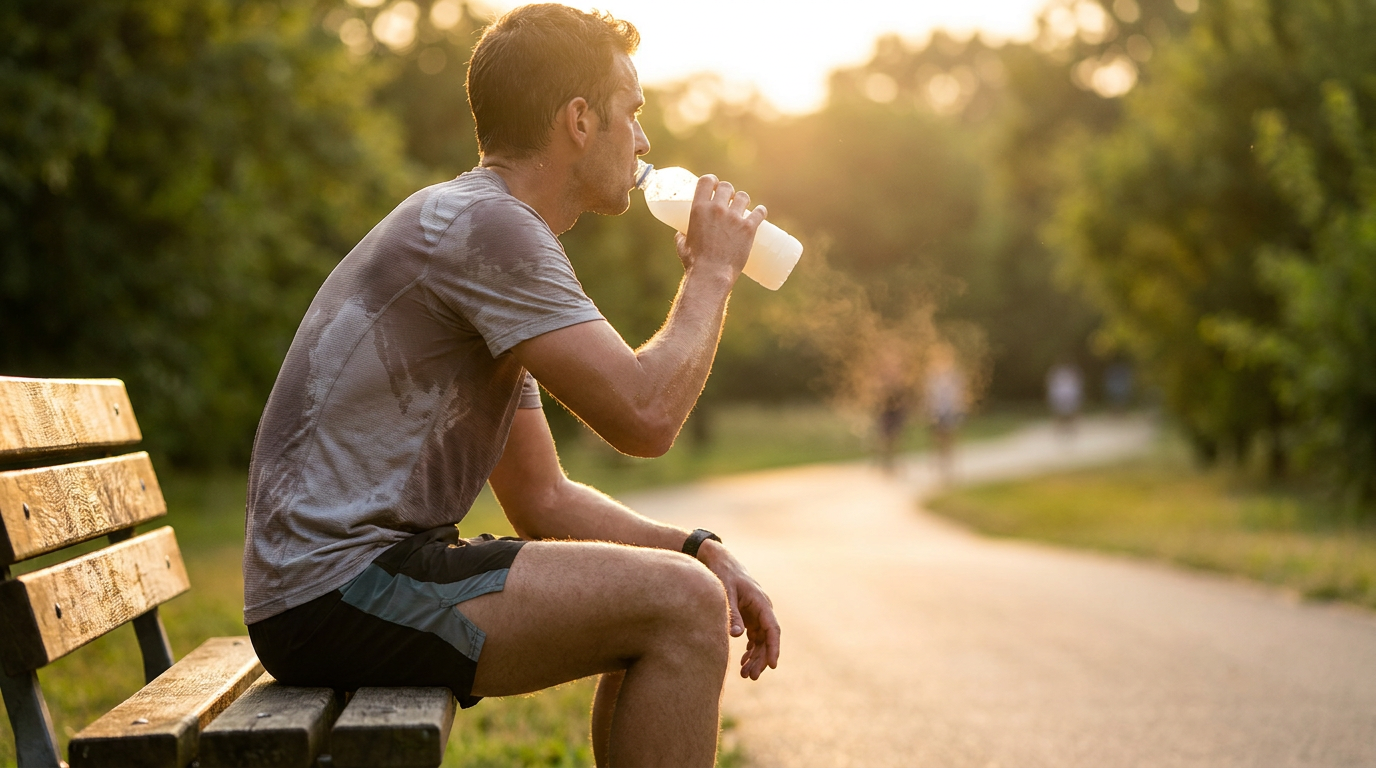 Runner rehydrating with a clear protein drink on a park bench after a hot run