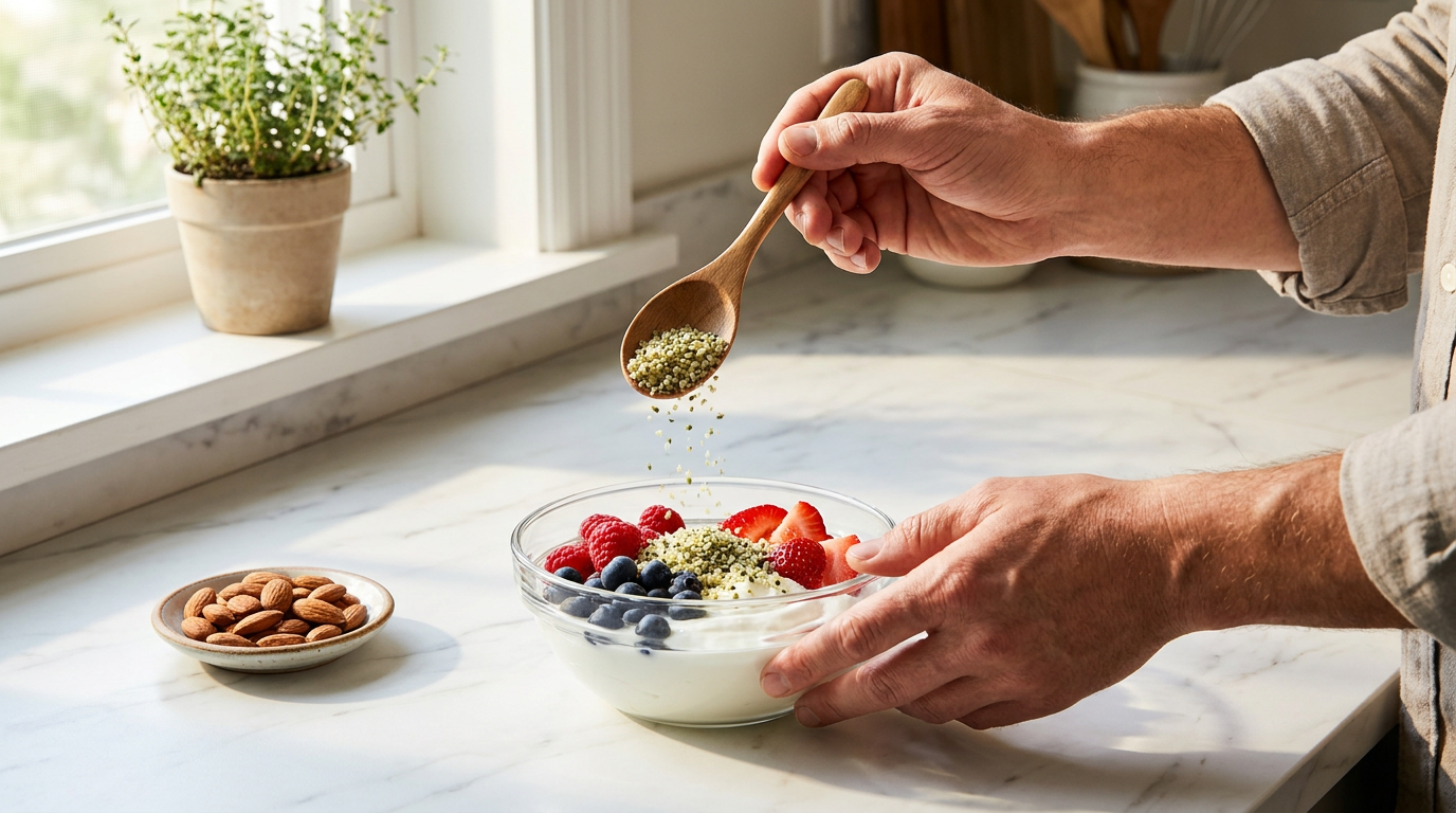 Building a high-protein snack: spooning hemp seeds over Greek yogurt with berries and almonds