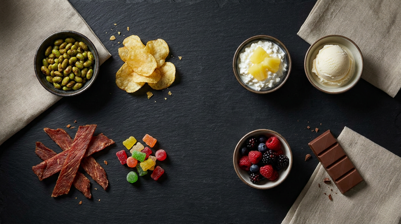 Higher-protein snack swaps: roasted edamame, turkey jerky, and cottage cheese beside common junk-food cravings