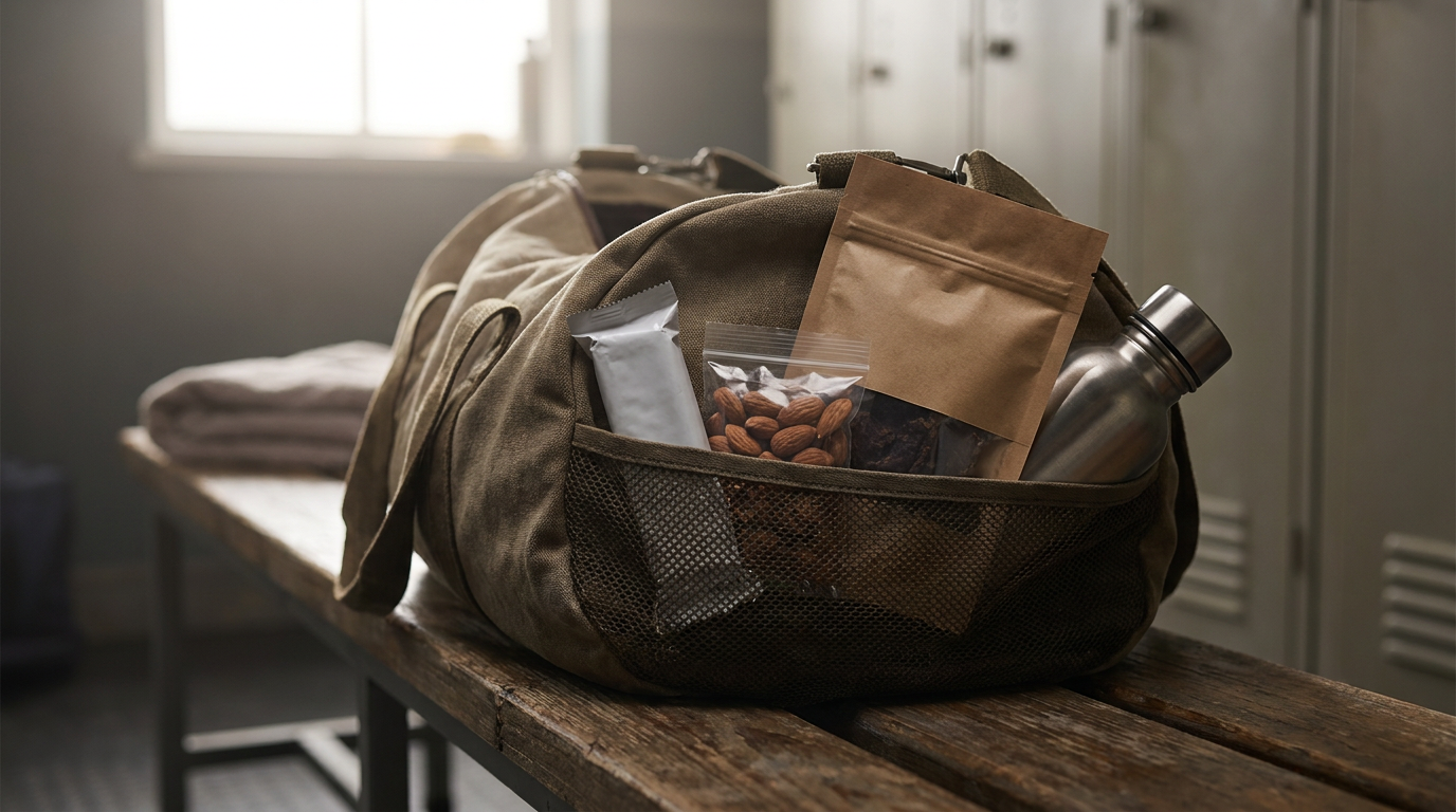 Shelf-stable high-protein snacks packed in a gym bag: protein bar, almonds, and jerky