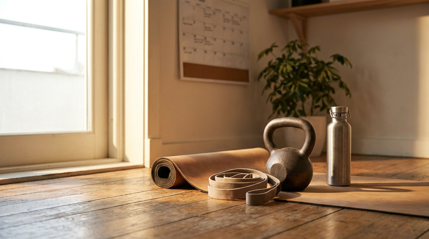 Kettlebell, resistance bands, yoga mat, and water bottle in a sunlit home gym corner