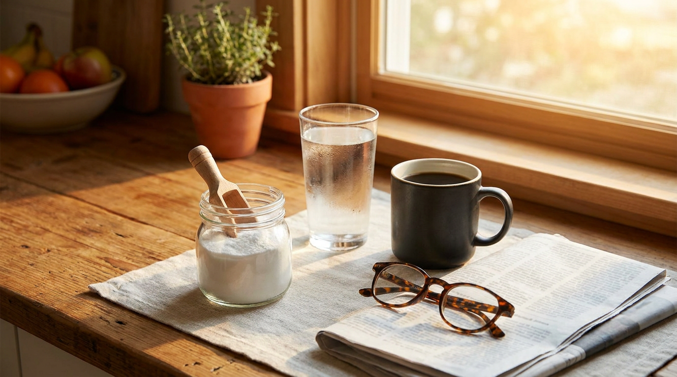 Morning routine on a kitchen counter: jar of creatine powder with scoop, glass of water, coffee, and reading glasses