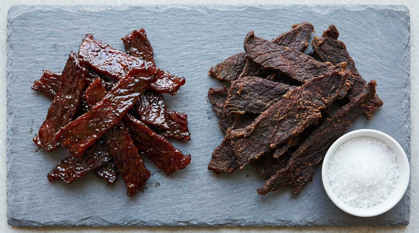 Glazed sweet beef jerky next to dry air-dried beef jerky with a dish of sea salt