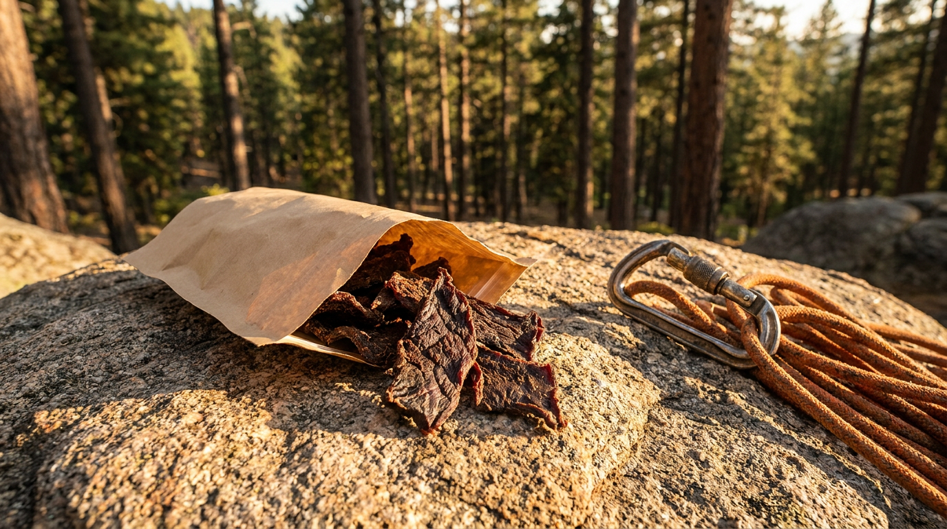 Open pouch of beef jerky on a granite boulder beside climbing gear