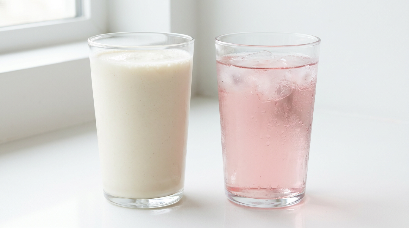 Creamy milky protein shake next to a clear pink protein drink with ice