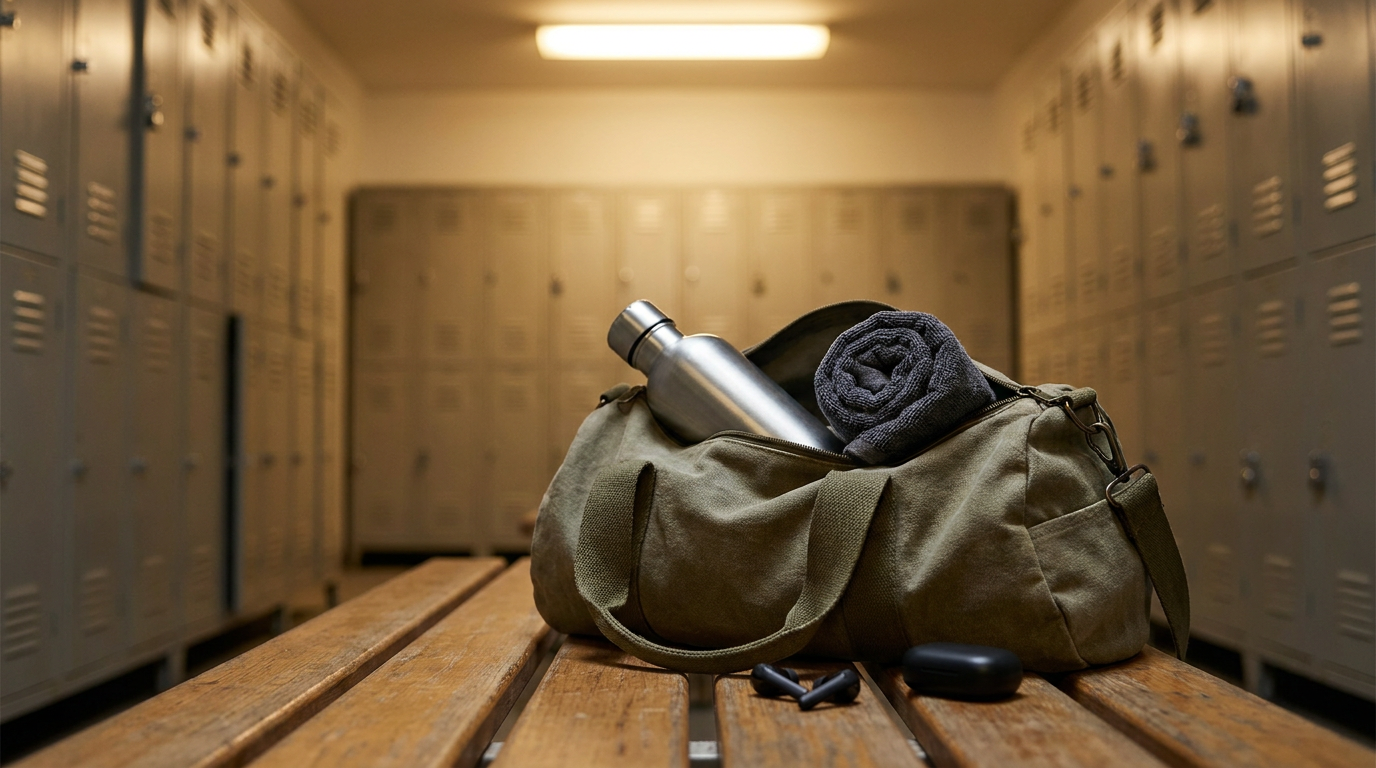 Open gym duffel with an aluminum bottle and towel on a locker room bench