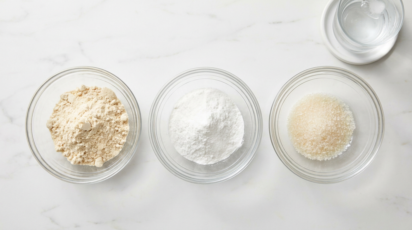 Three glass bowls comparing whey concentrate, whey isolate, and clear whey isolate powders