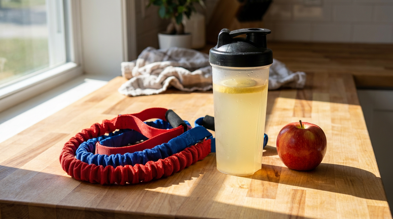 Shaker bottle of clear citrus whey isolate drink with resistance bands and an apple