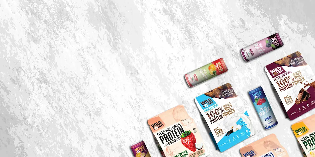 Assorted Wild Society protein and nutrition products on a white background