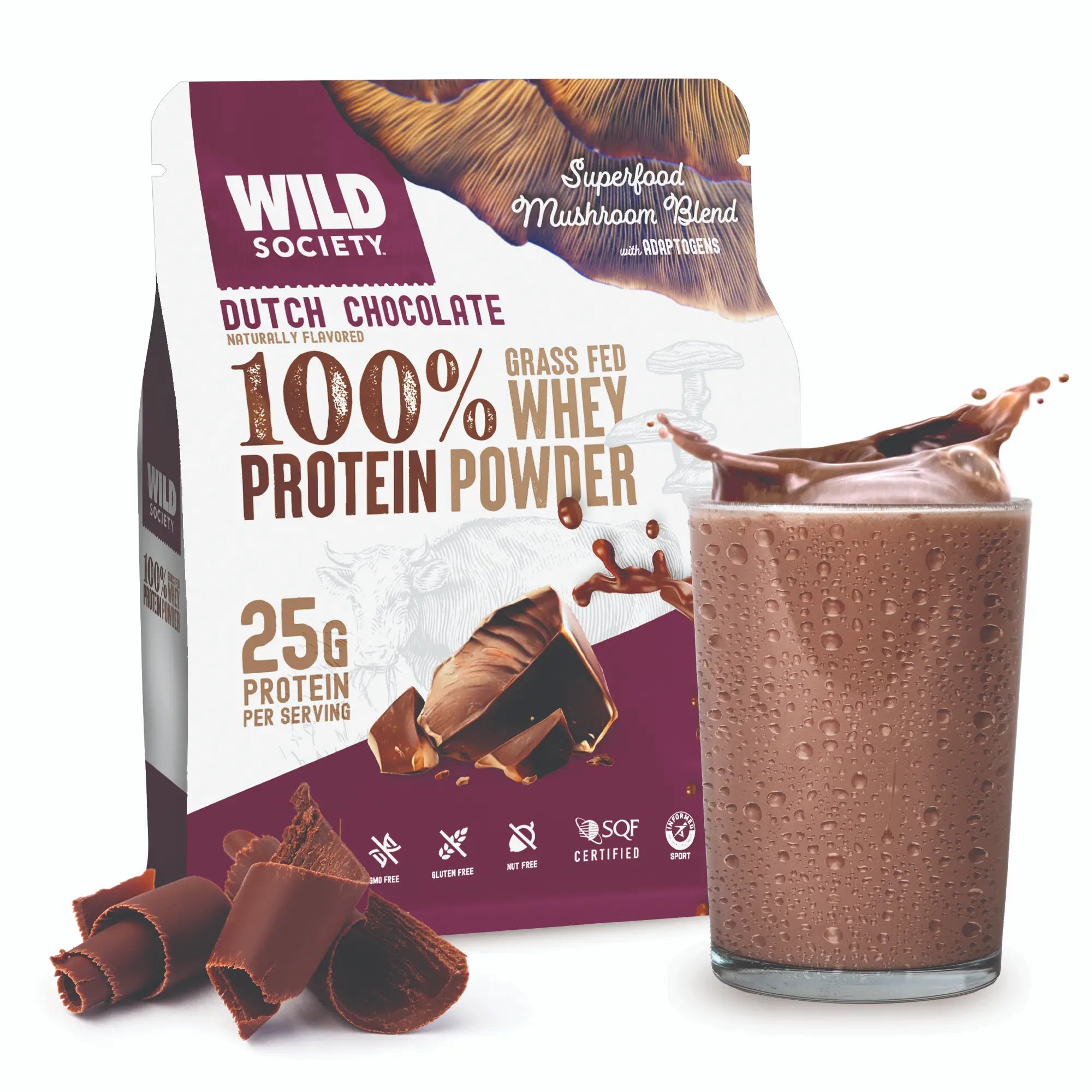 Wild Society Dutch Chocolate 100% Grass Fed Whey Protein Powder pouch shown next to a glass of chocolate protein shake with chocolate curls on a white background.