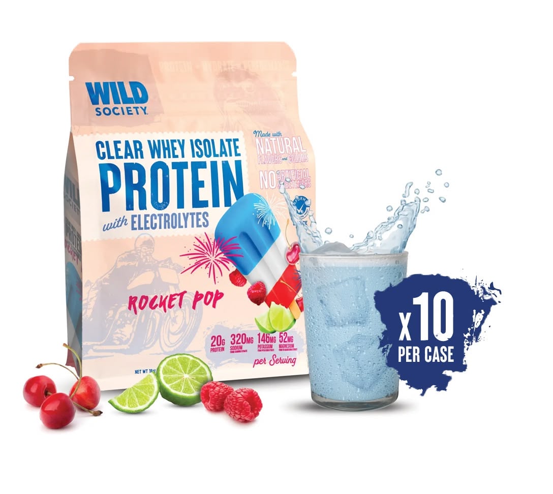A package of Clear Whey Isolate Protein with Electrolytes in Rocket Pop flavor. The bag is predominantly pink with images of cherries and a splash of lime juice, indicating the flavor.