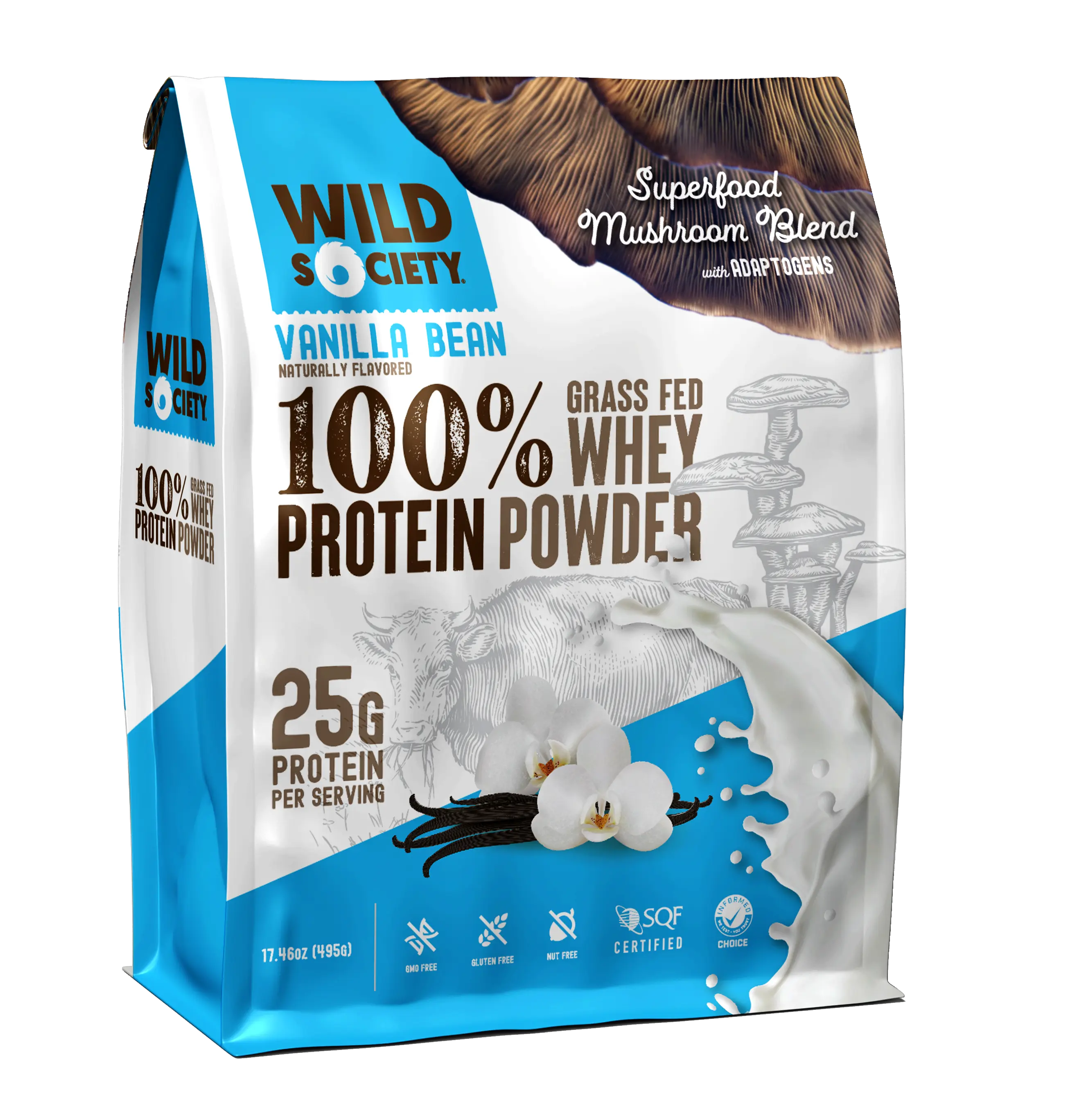 Wild Society - 100% Grass-Fed Whey Protein Powder - With Superfood Mushroom Blend - 25G Protein - Vanilla Bean