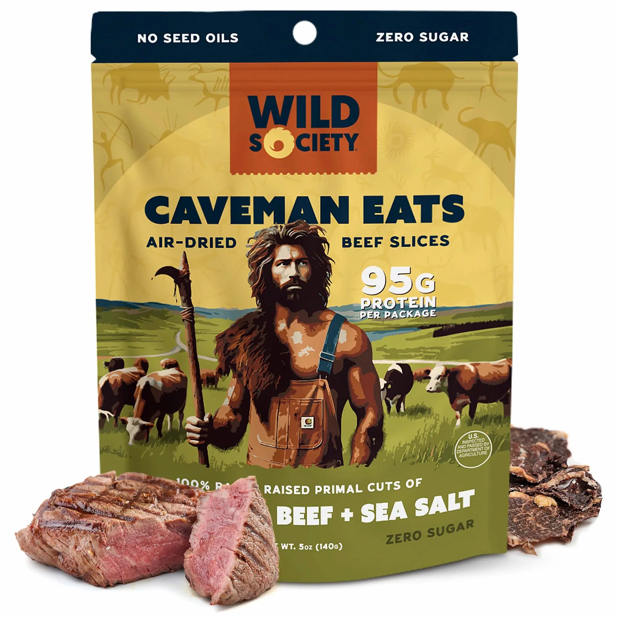 Wild Society Caveman Eats beef slices packaging with a caveman illustration on a white background