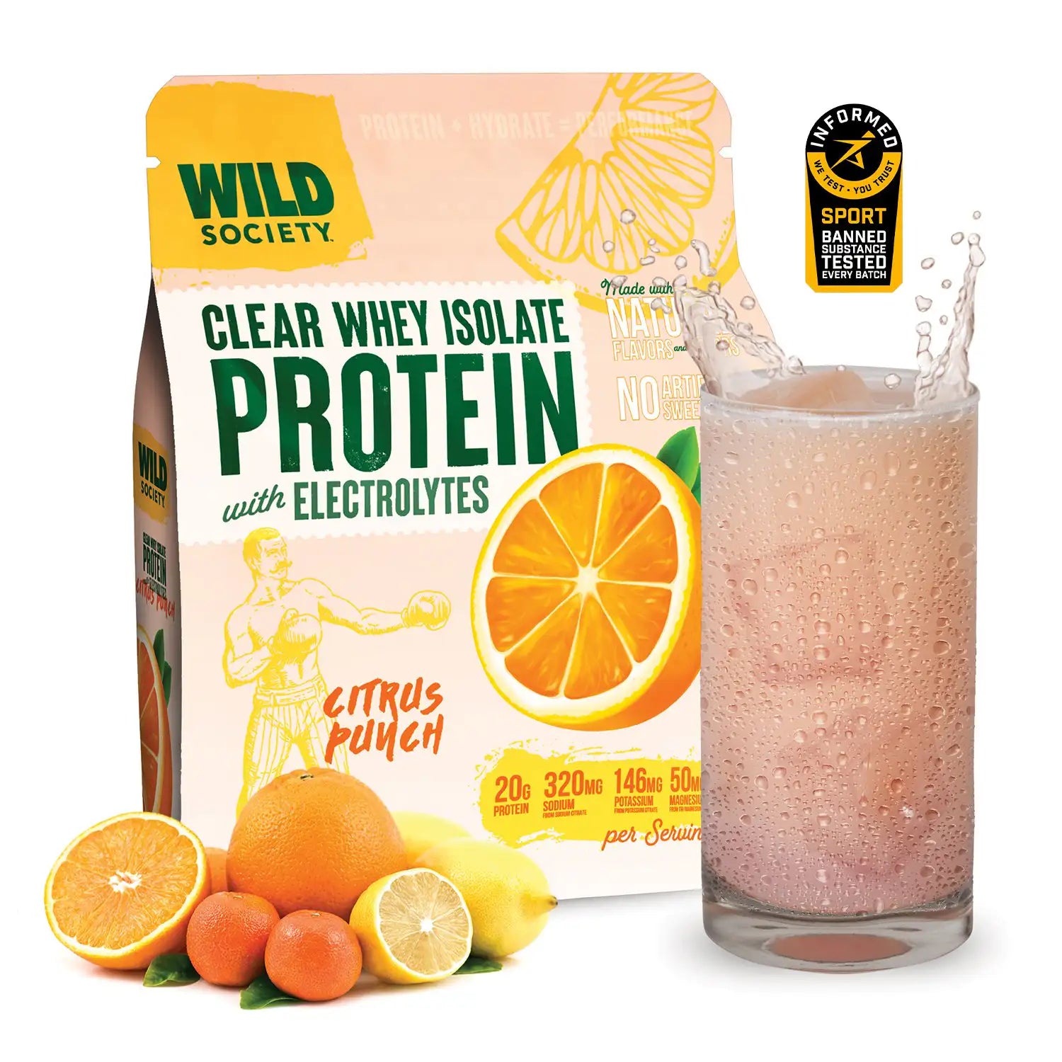 Wild Society protein powder package with a glass of citrus punch protein shake.