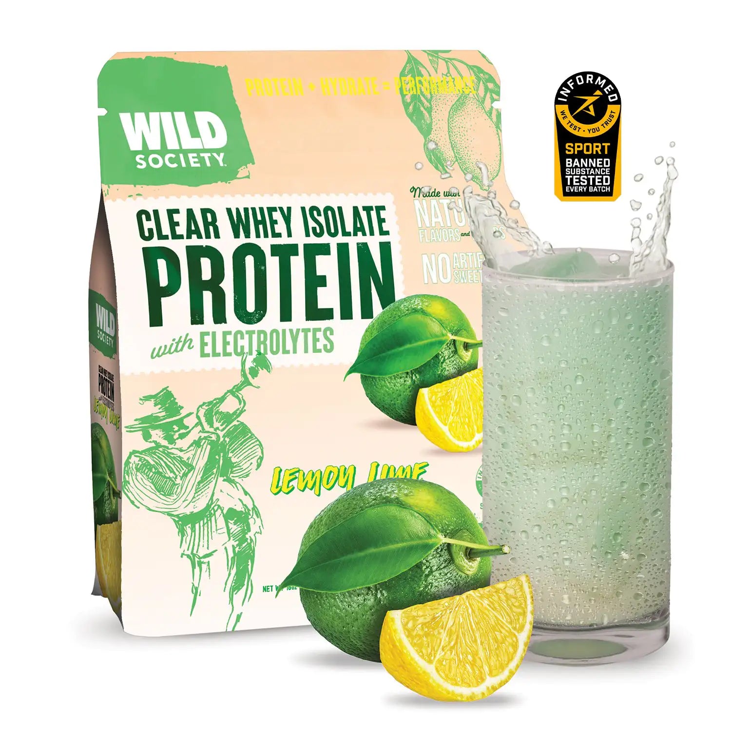 Wild Society lemon lime protein powder package with a glass of lemon lime protein shake.