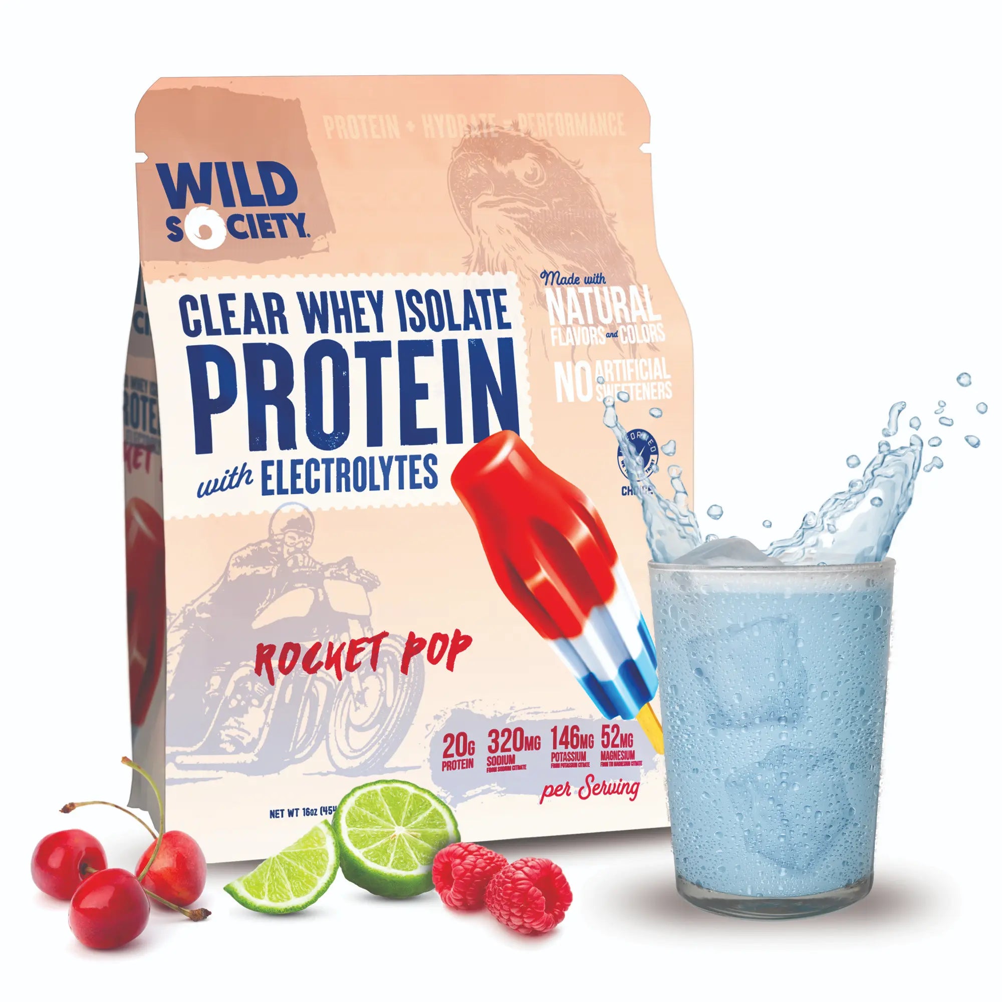 CLEAR WHEY ISOLATE With Electrolytes - Made With Natural Flavors and Colors - No Artificial Sweeteners - Rocket Pop - WILD SOCIETY