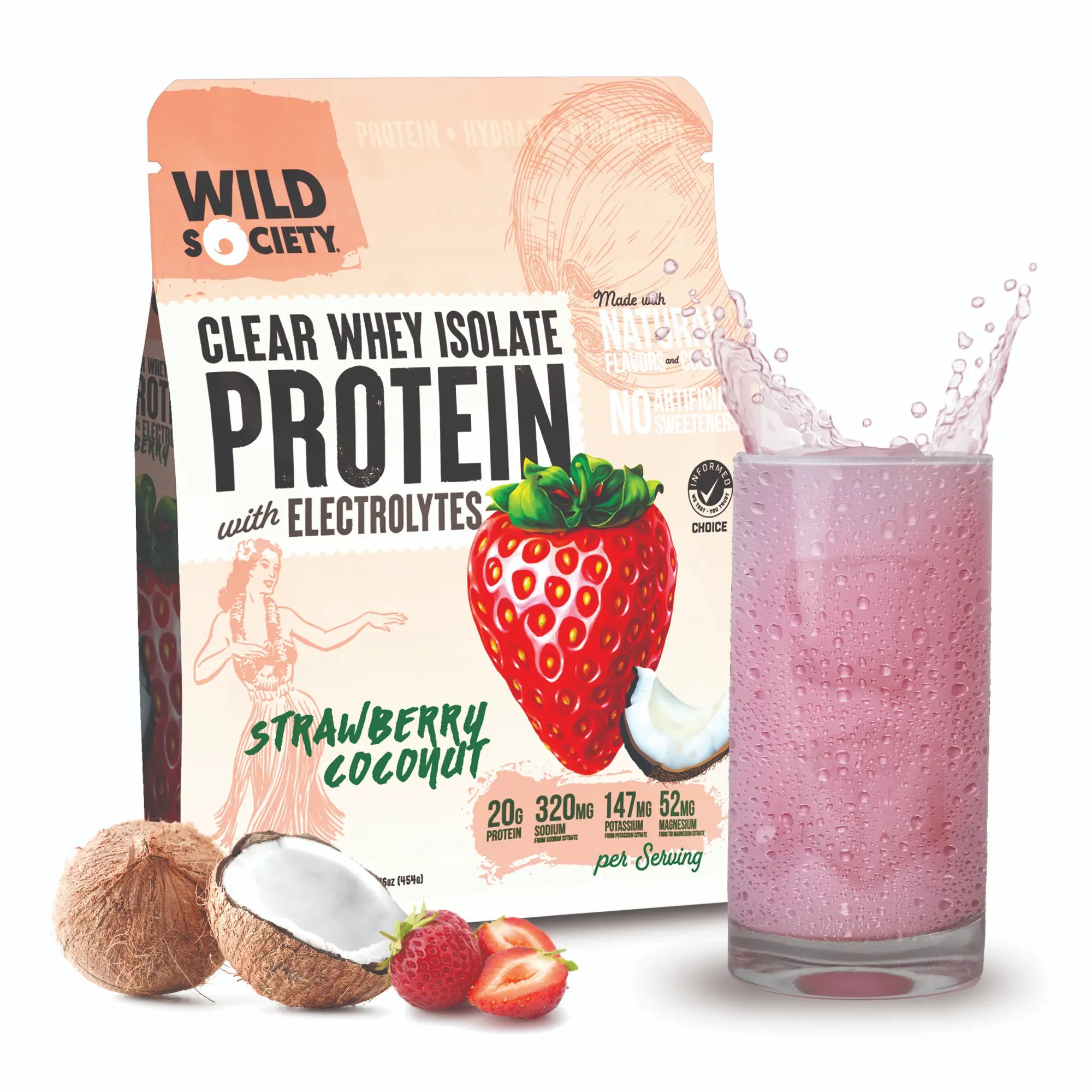 CLEAR WHEY ISOLATE With Electrolytes - Made With Natural Flavors and Colors - No Artificial Sweeteners - Strawberry Coconut - WILD SOCIETY