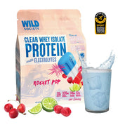 Wild Society Clear Whey Isolate Protein package with a glass of protein shake and ingredients on a white background
